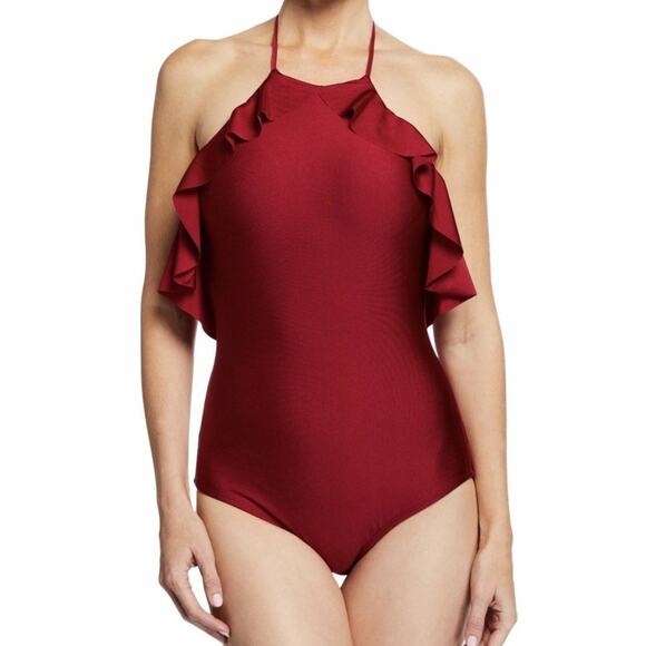 NEW Shoshanna Swimwear Syrah Ruffle Halter 1 Piece Red Size 4 - Picture 1 of 9